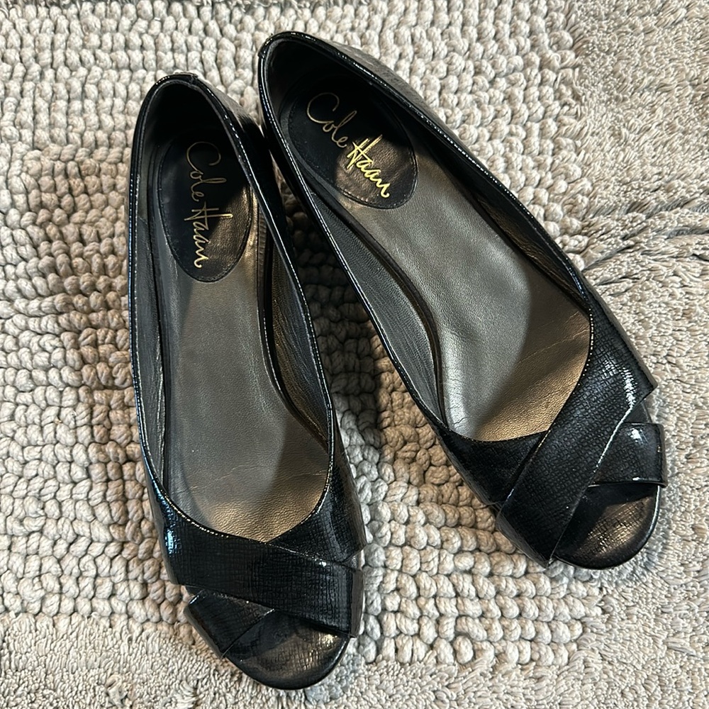 Cole Haan peep toe flat in black patent leather